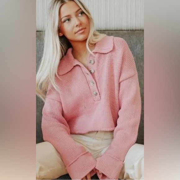 Show Me Your Mumu Crawford Collared cropped Pink Knit Sweater Size M - Picture 12 of 13